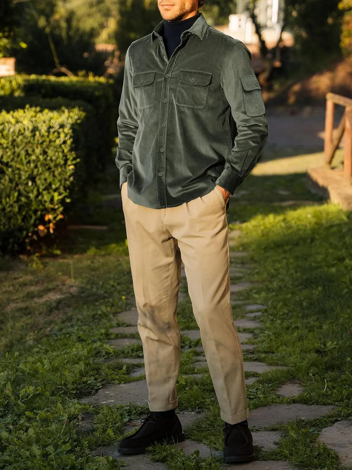 Men's Corduroy Shirt Fall Button Down Shirts Long Sleeve Jackets Casual Shacket with Flap Pockets