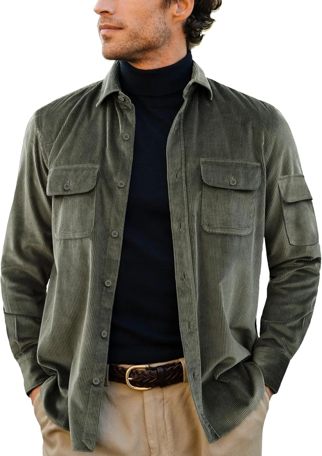 Men's Corduroy Shirt Fall Button Down Shirts Long Sleeve Jackets Casual Shacket with Flap Pockets