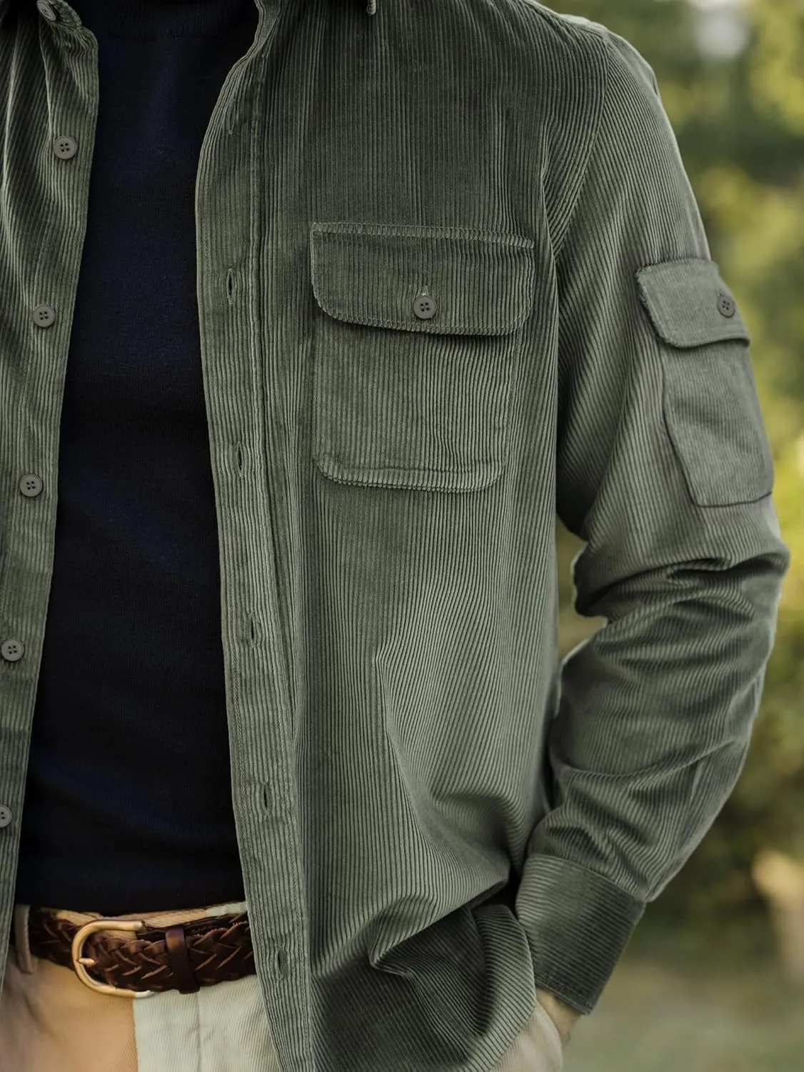 Men's Corduroy Shirt Fall Button Down Shirts Long Sleeve Jackets Casual Shacket with Flap Pockets