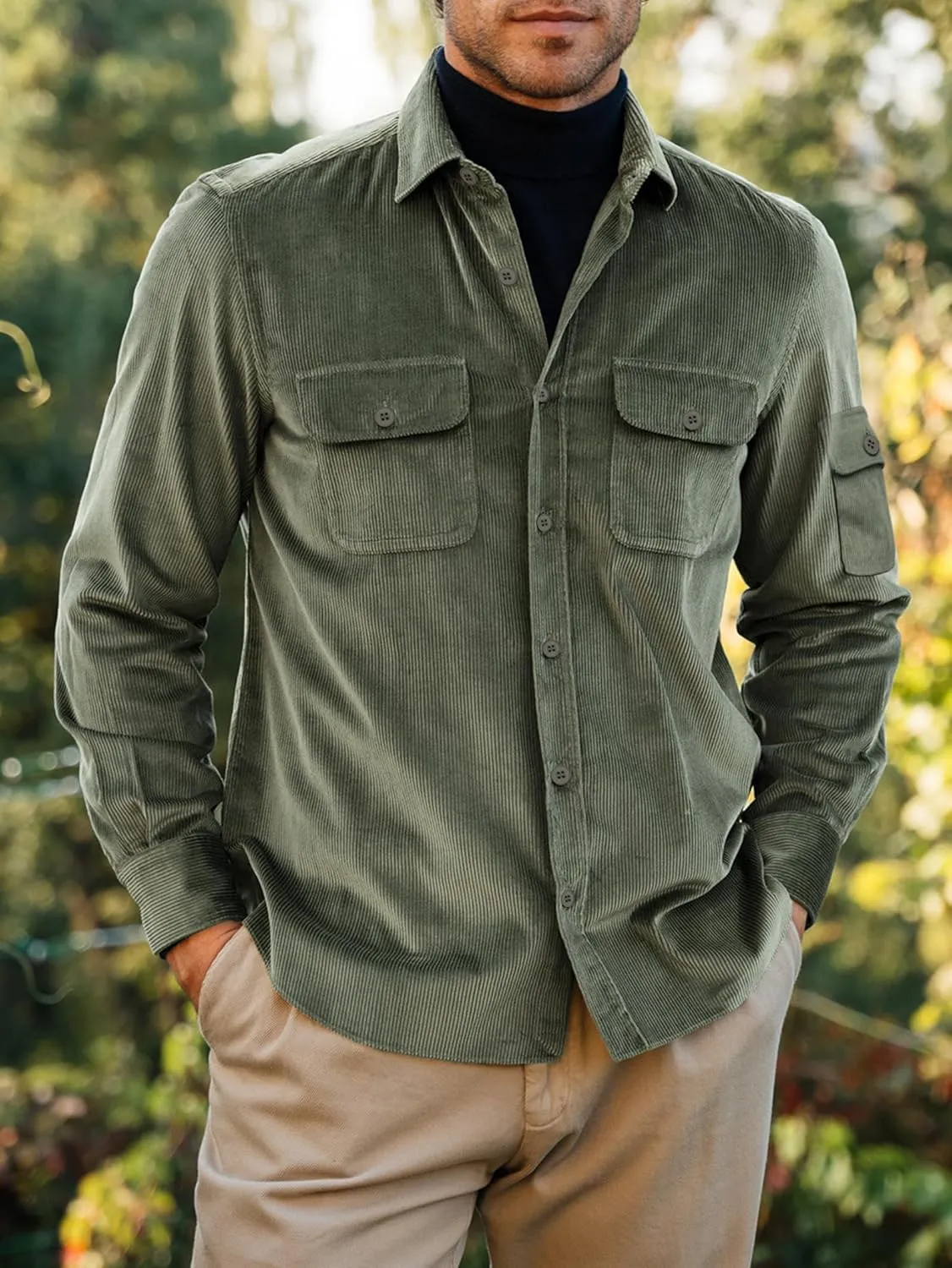 Men's Corduroy Shirt Fall Button Down Shirts Long Sleeve Jackets Casual Shacket with Flap Pockets