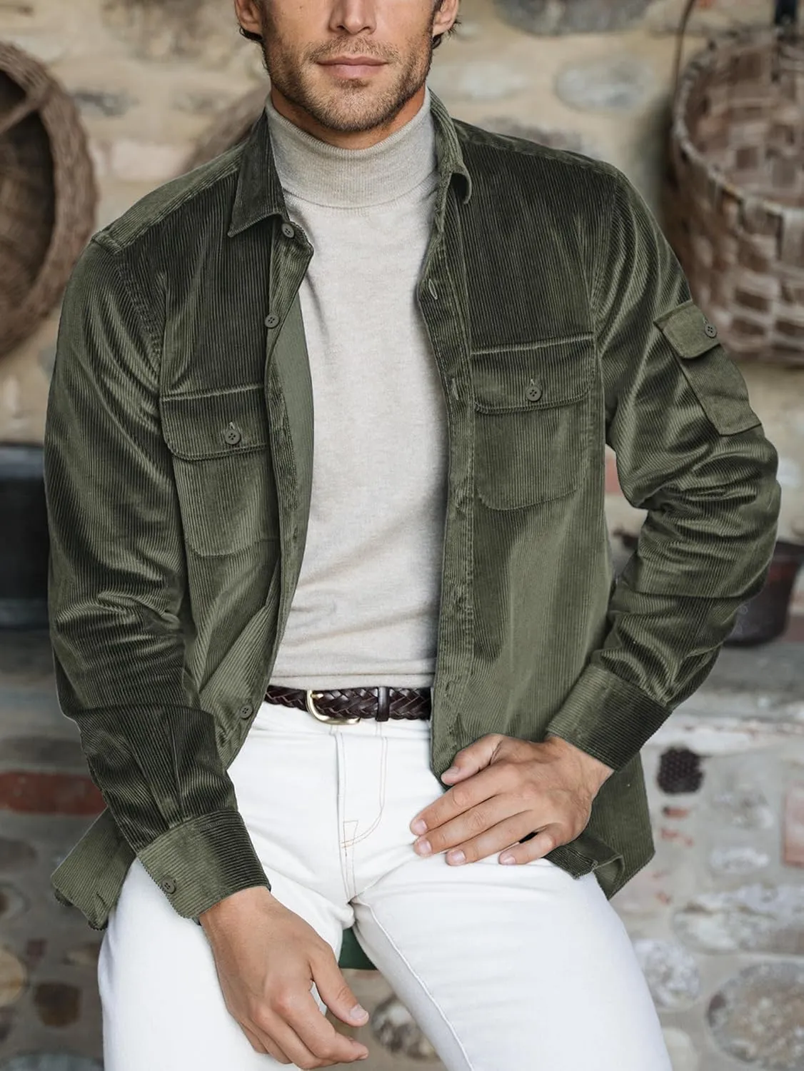 Men's Corduroy Shirt Fall Button Down Shirts Long Sleeve Jackets Casual Shacket with Flap Pockets