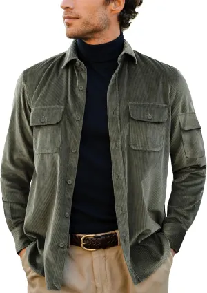 Men's Corduroy Shirt Fall Button Down Shirts Long Sleeve Jackets Casual Shacket with Flap Pockets