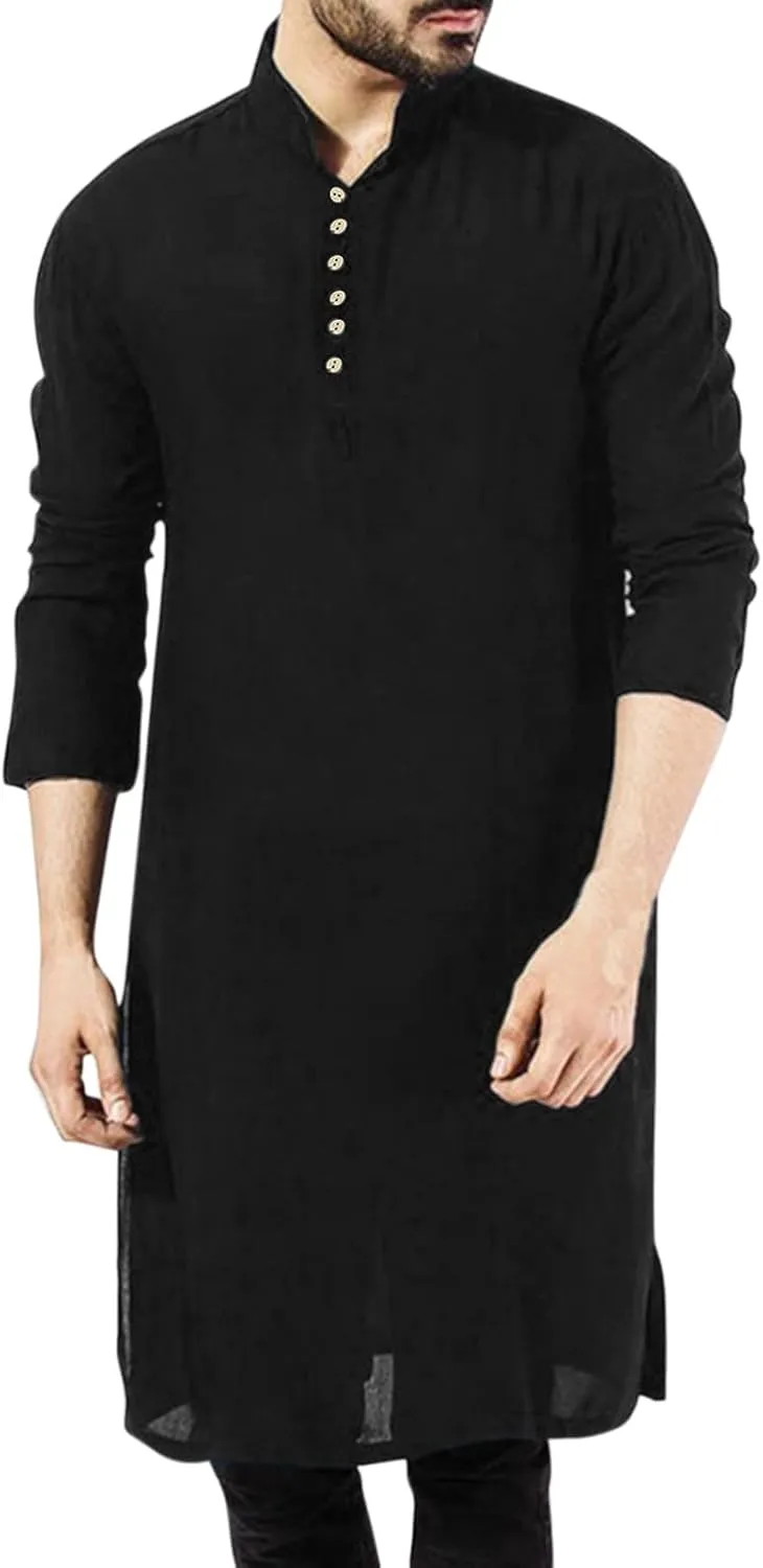 Men's Henley Shirts Loose Fit Long Sleeve Muslim Thobe Button Up Kaftan Thobe Side Split Kaftan Thobe with Pockets