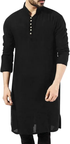Men's Henley Shirts Loose Fit Long Sleeve Muslim Thobe Button Up Kaftan Thobe Side Split Kaftan Thobe with Pockets
