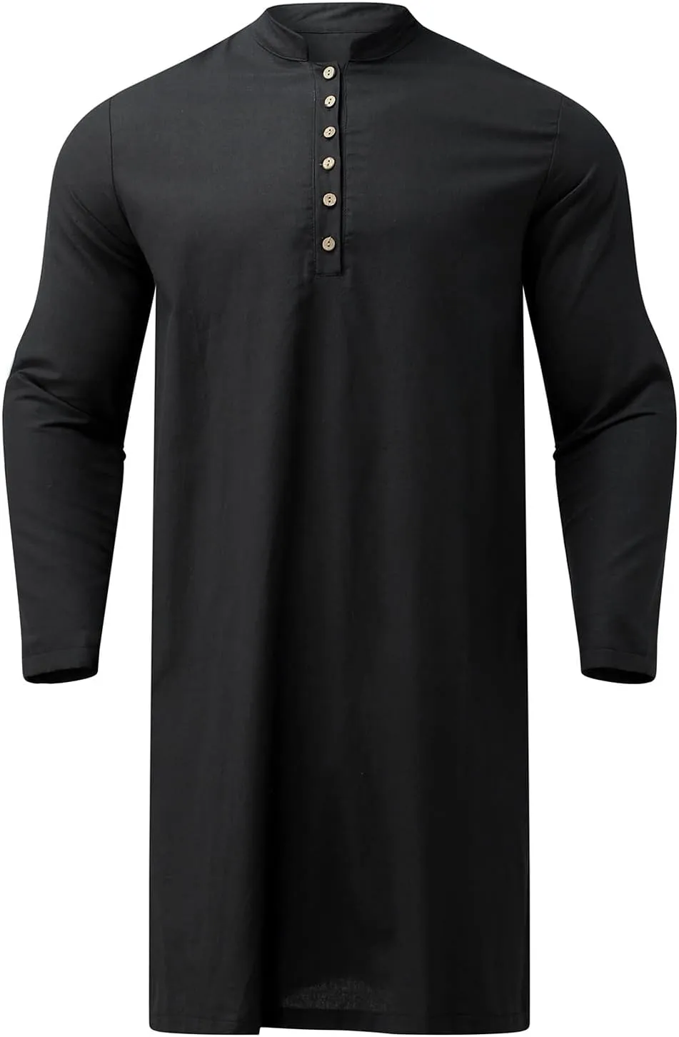 Men's Henley Shirts Loose Fit Long Sleeve Muslim Thobe Button Up Kaftan Thobe Side Split Kaftan Thobe with Pockets