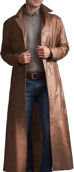 Mens Leather Trench Coat Faux Leather Vintage Long Jacket Fashion Steampunk Gothic Jackets Full Length Overcoat