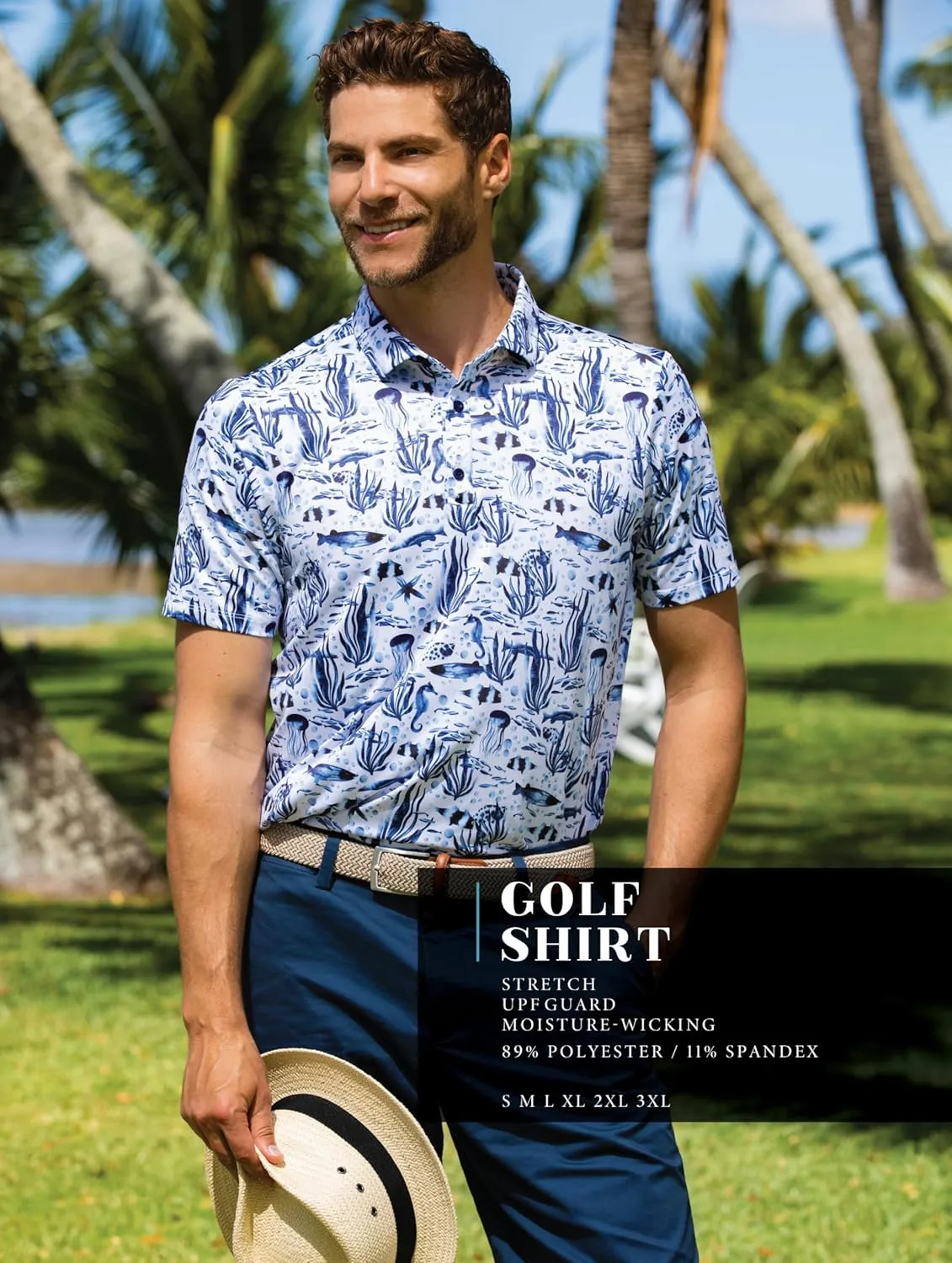 Mens Moisture Wicking Regular Fit Quick Dry Performance Golf Polo Short Sleeve Shirt (US, Alpha, Small, Regular, Regular, Pineapple_Express_Blue)