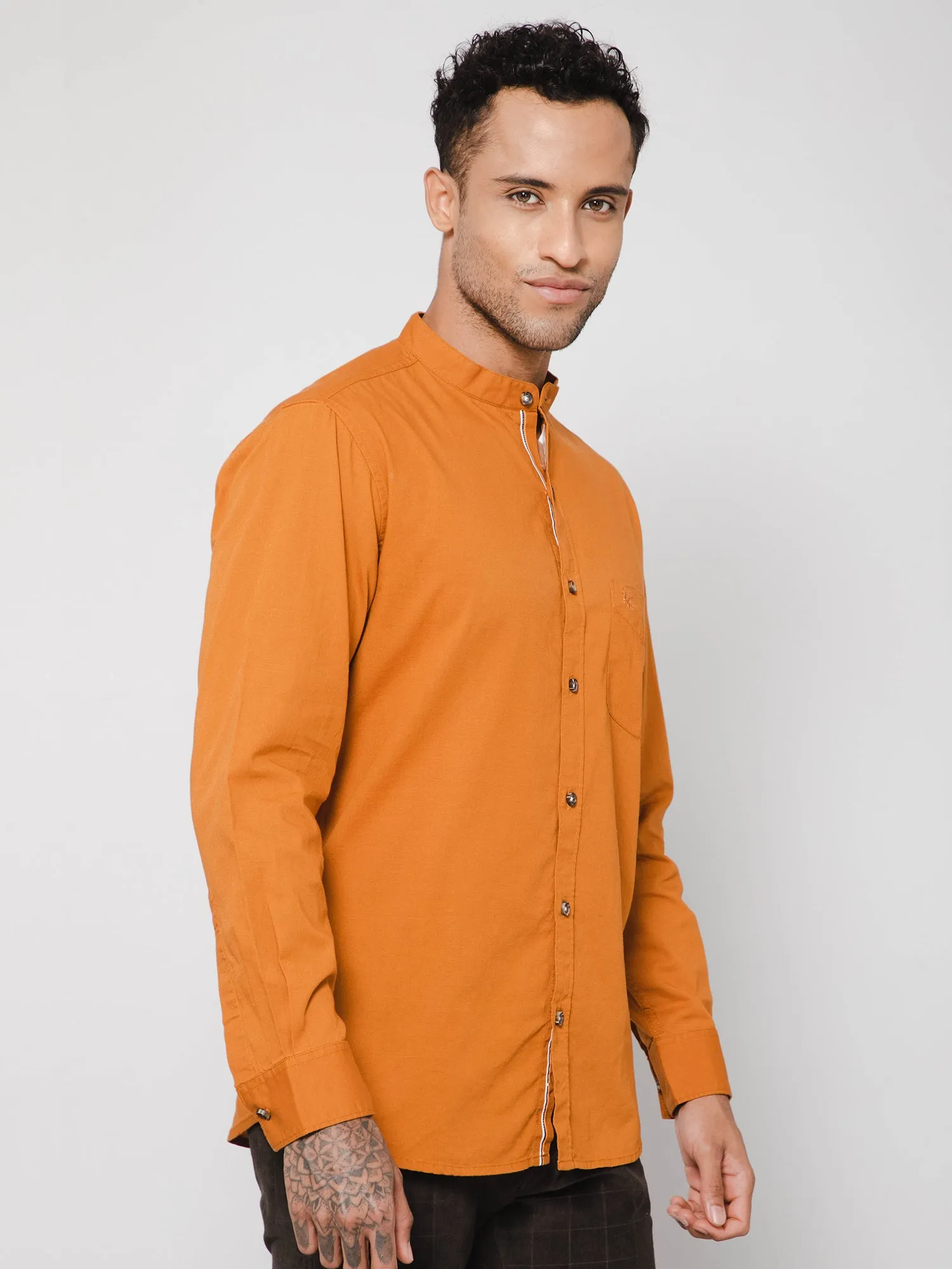 Men's Mustard Casual Plain Full Sleeve Shirt