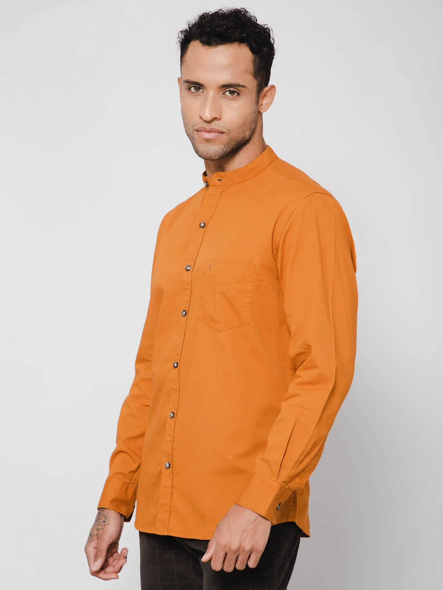 Men's Mustard Casual Plain Full Sleeve Shirt