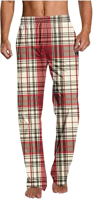 Mens Pajama Pants Trendy Plaid Print Home Pants Elastic Waist Casual Pants Lightweight Straight Leg Slim Fit Trousers
