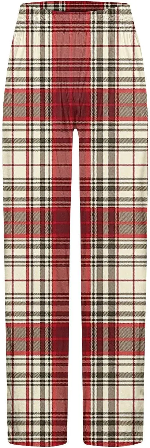 Mens Pajama Pants Trendy Plaid Print Home Pants Elastic Waist Casual Pants Lightweight Straight Leg Slim Fit Trousers