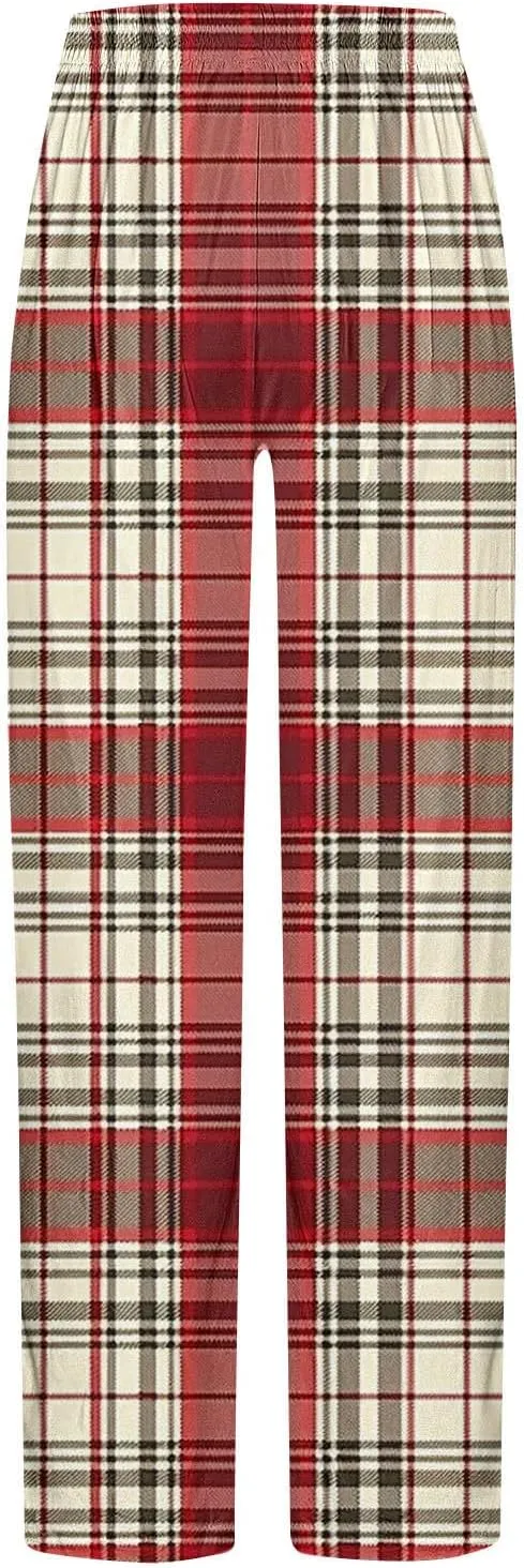 Mens Pajama Pants Trendy Plaid Print Home Pants Elastic Waist Casual Pants Lightweight Straight Leg Slim Fit Trousers