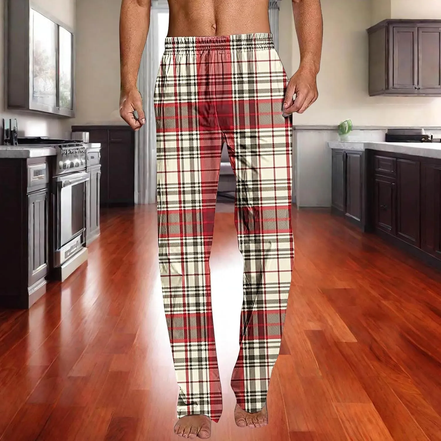Mens Pajama Pants Trendy Plaid Print Home Pants Elastic Waist Casual Pants Lightweight Straight Leg Slim Fit Trousers