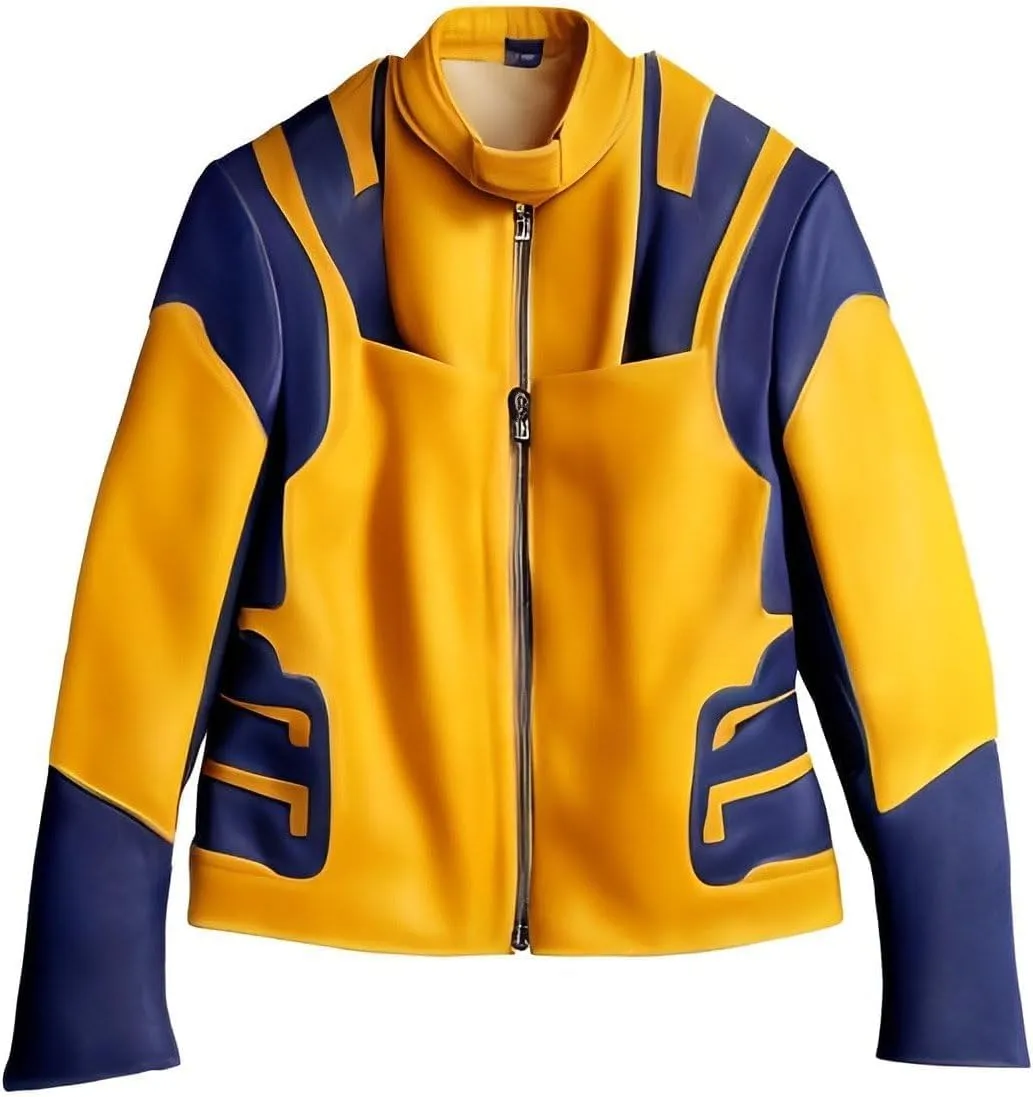 Men's Real Lambskin Leather Motorcycle Jacket - Yellow & Blue Leather Biker Jacket for Men
