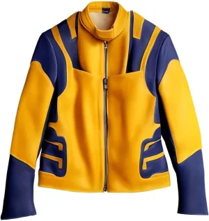 Men's Real Lambskin Leather Motorcycle Jacket - Yellow & Blue Leather Biker Jacket for Men