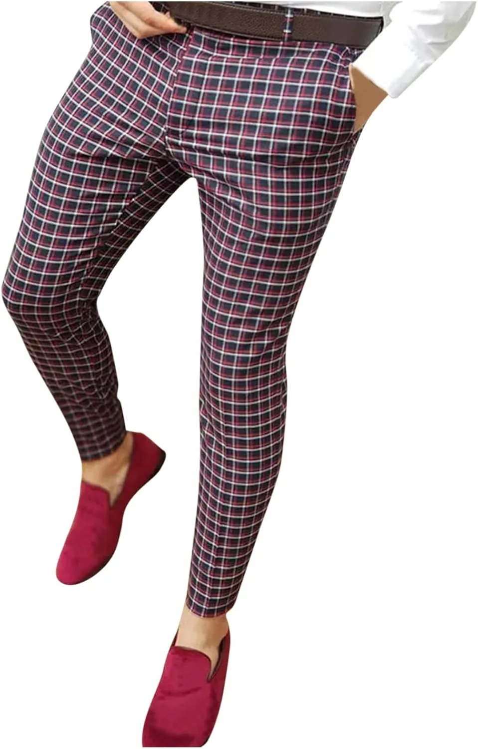 Men's Skinny Fit Plaid Pants Casual Work Office Business Dress Pants Stretch Slim Fit Casual Trousers Golf Work Long Pants Comfy Flat Front Chinos Suit Pants Mens Trousers Fall Wine