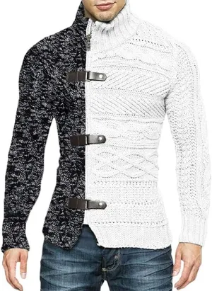 Men's Slim Fit Cable Chunky Knit Full Zip Up Button Turtle Neck Sweaters Cardigans