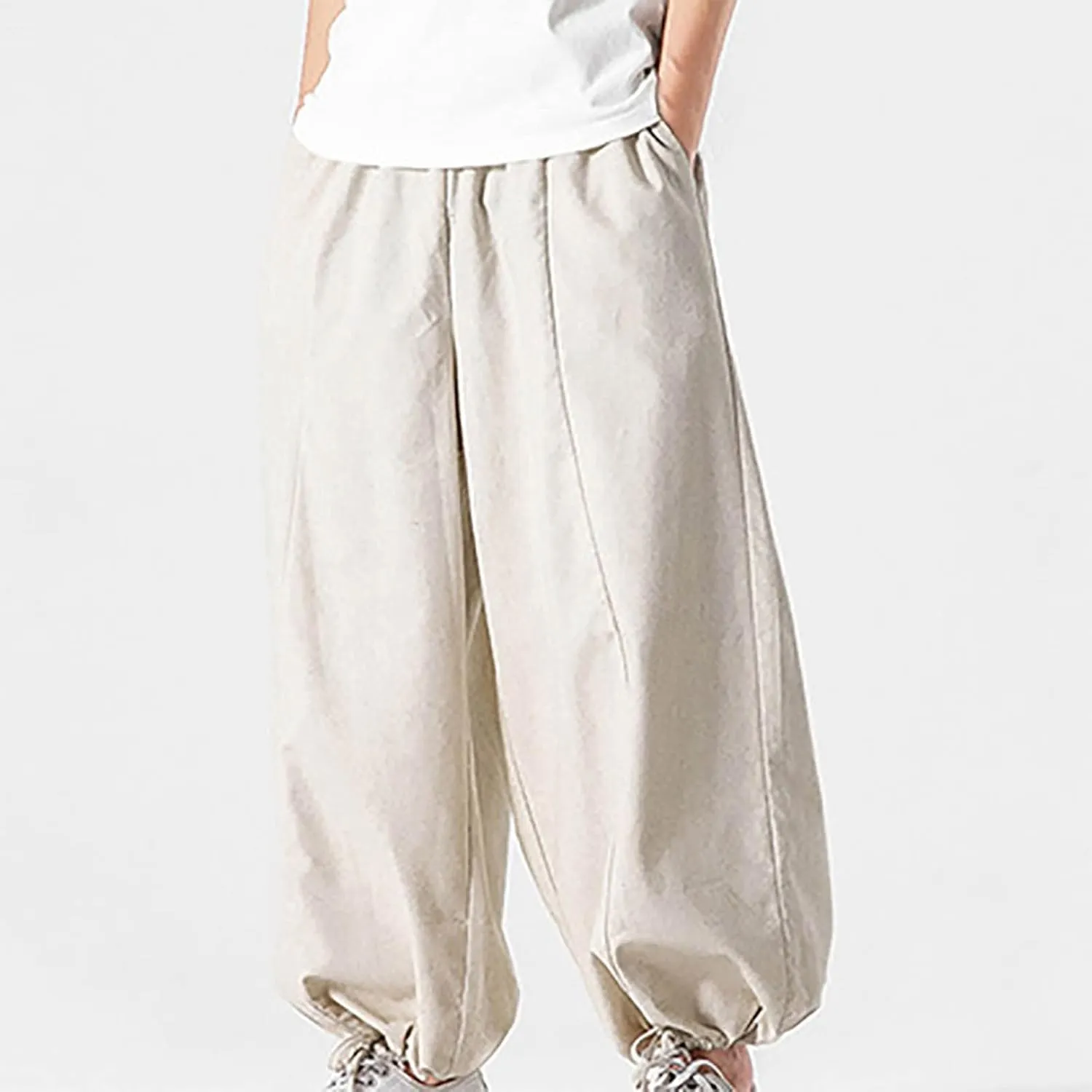 Mens Summer Linen Cotton Harem Pants Wide Leg Baggy Drawstring Bloomers Fashion Straight Leg Japanese Style Casual Trousers