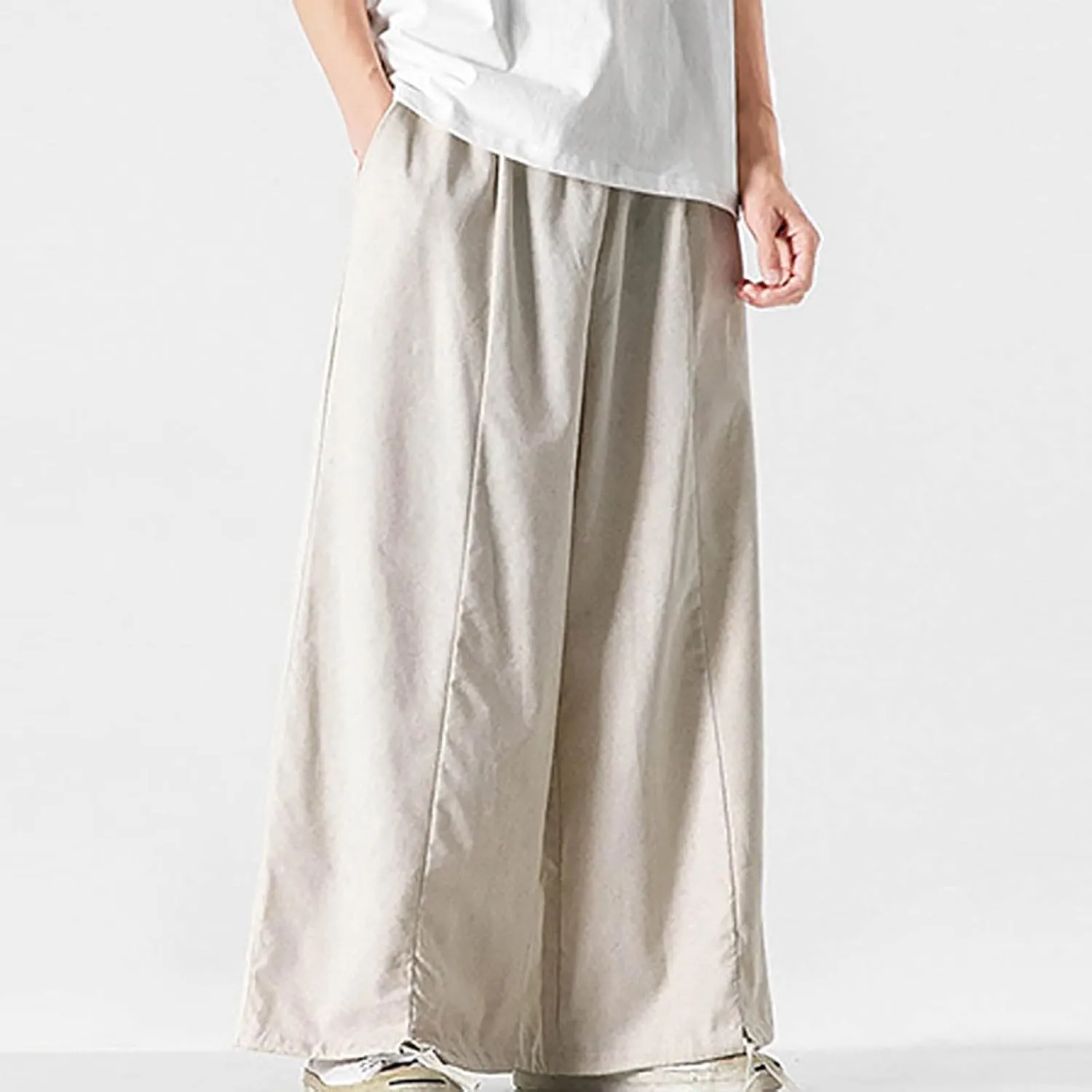 Mens Summer Linen Cotton Harem Pants Wide Leg Baggy Drawstring Bloomers Fashion Straight Leg Japanese Style Casual Trousers