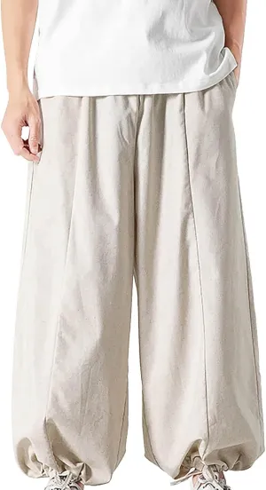 Mens Summer Linen Cotton Harem Pants Wide Leg Baggy Drawstring Bloomers Fashion Straight Leg Japanese Style Casual Trousers