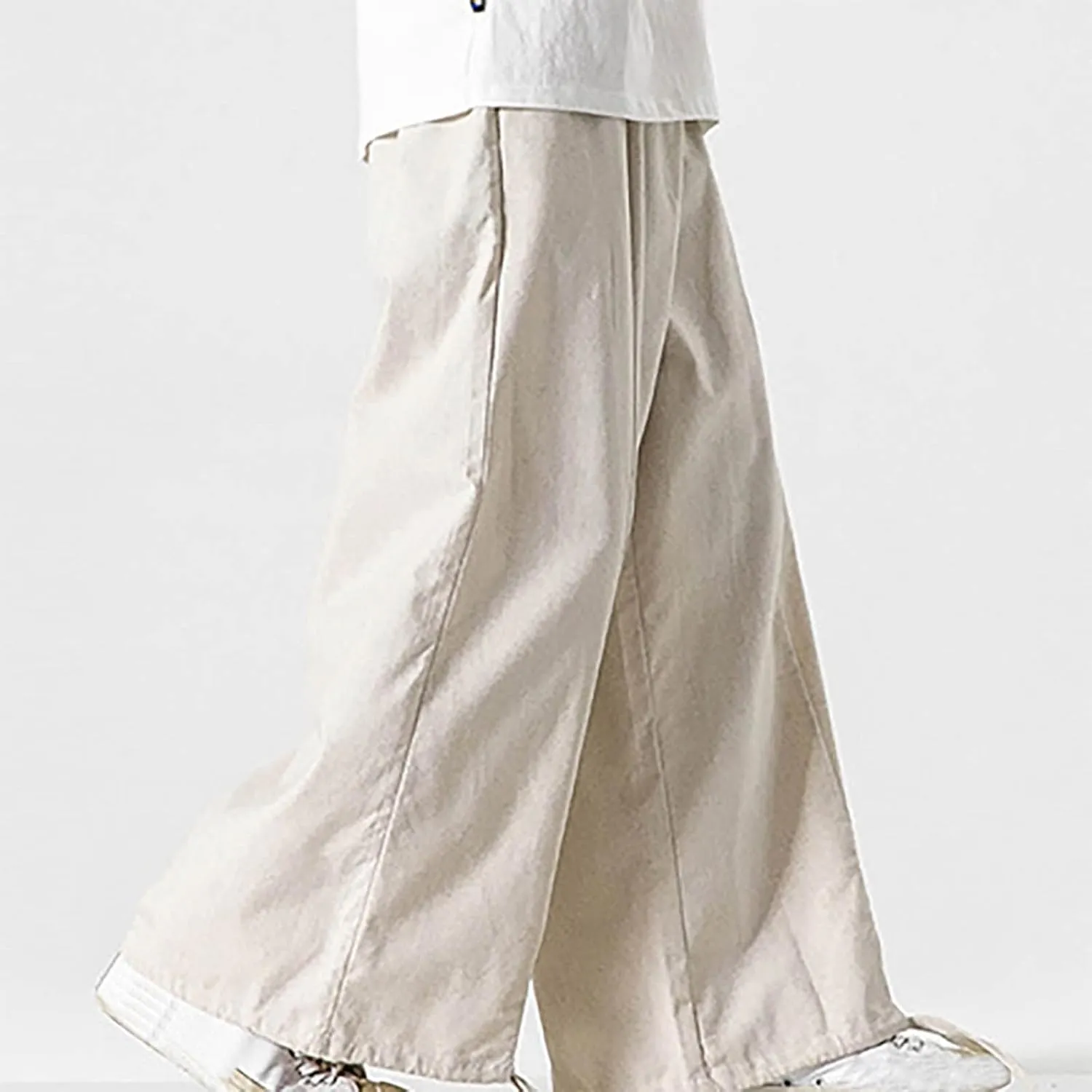 Mens Summer Linen Cotton Harem Pants Wide Leg Baggy Drawstring Bloomers Fashion Straight Leg Japanese Style Casual Trousers