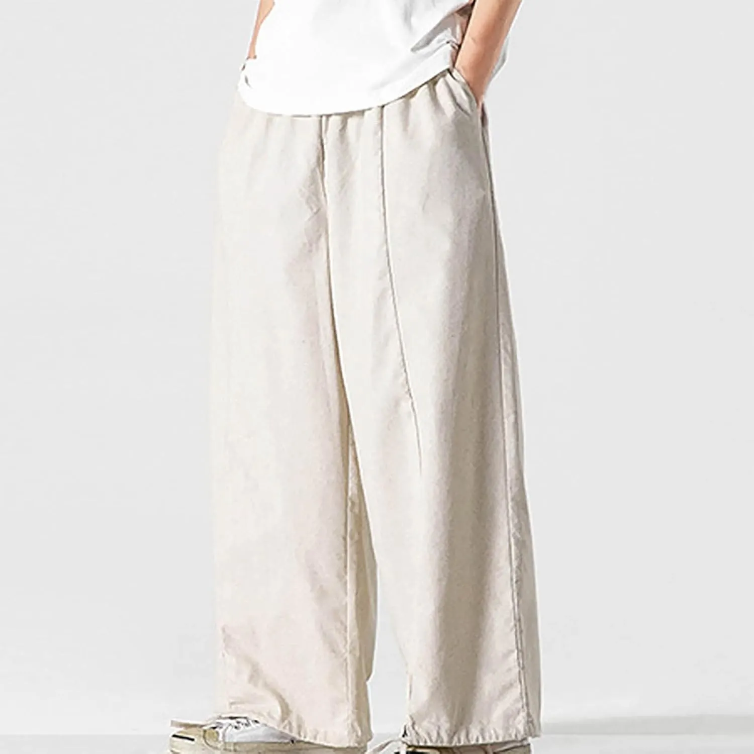 Mens Summer Linen Cotton Harem Pants Wide Leg Baggy Drawstring Bloomers Fashion Straight Leg Japanese Style Casual Trousers