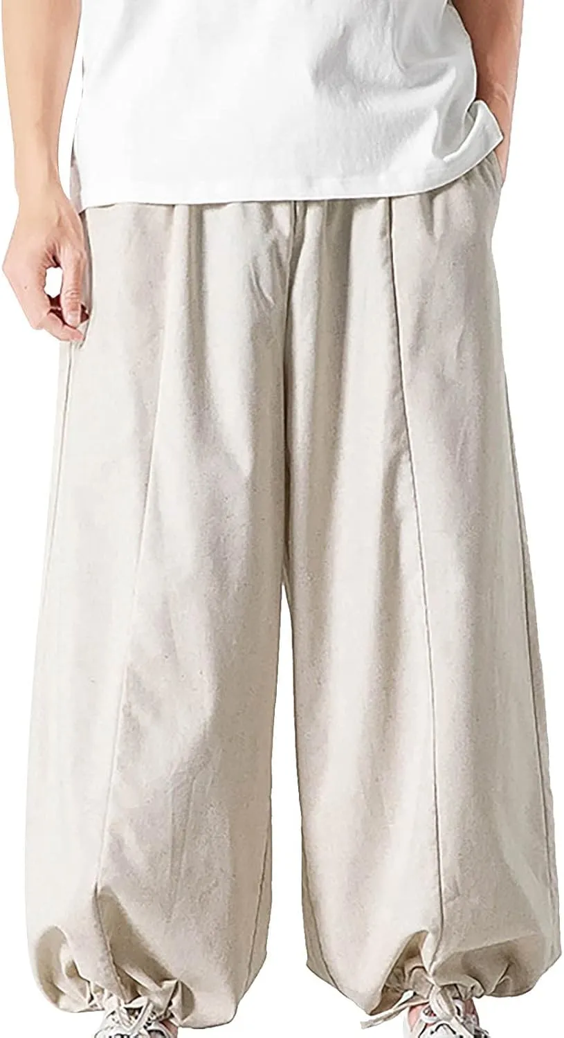 Mens Summer Linen Cotton Harem Pants Wide Leg Baggy Drawstring Bloomers Fashion Straight Leg Japanese Style Casual Trousers