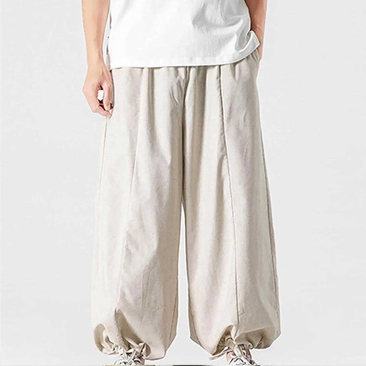Mens Summer Linen Cotton Harem Pants Wide Leg Baggy Drawstring Bloomers Fashion Straight Leg Japanese Style Casual Trousers