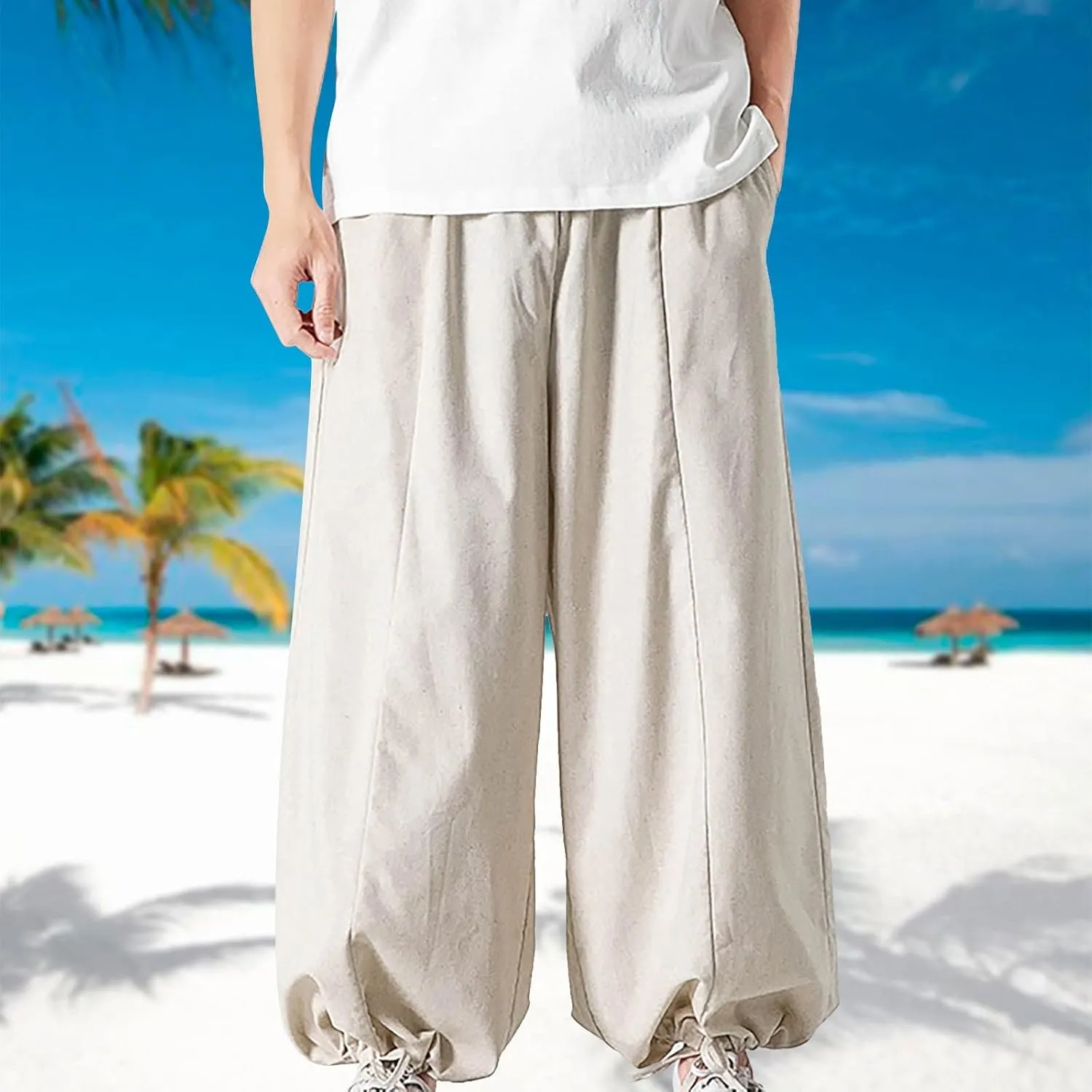 Mens Summer Linen Cotton Harem Pants Wide Leg Baggy Drawstring Bloomers Fashion Straight Leg Japanese Style Casual Trousers