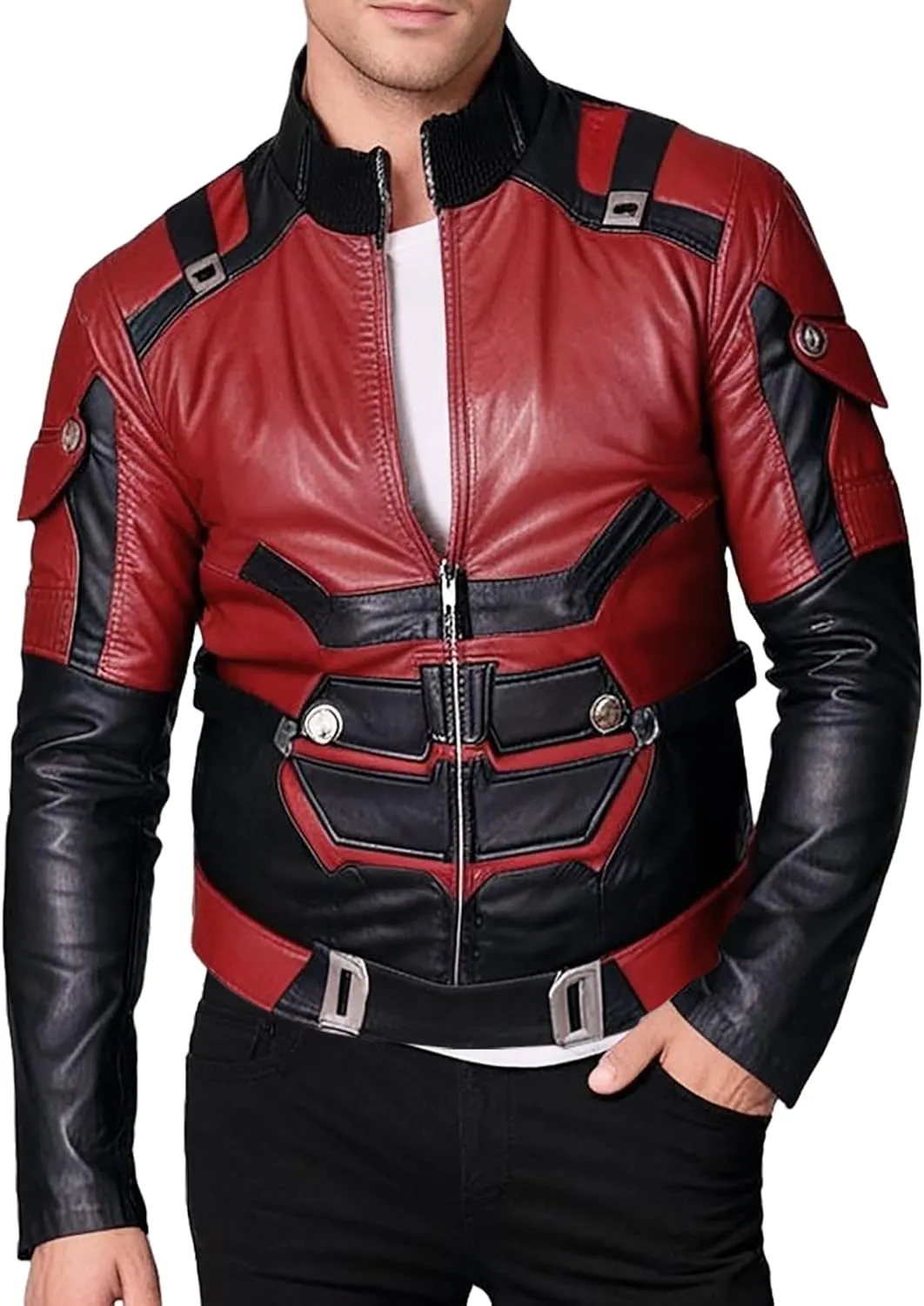 Mens Superhero Cosplay Costume Jacket - Faux Leather Motorcycle Red Jacket For Men