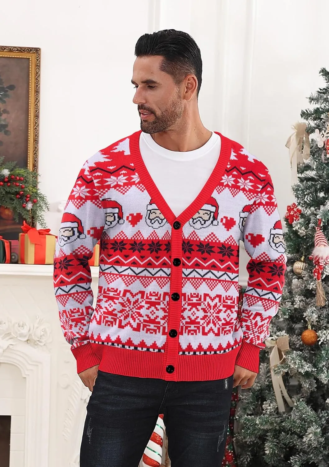 Men's Ugly Christmas Sweater Button Down Long Sleeve Knit Cardigan