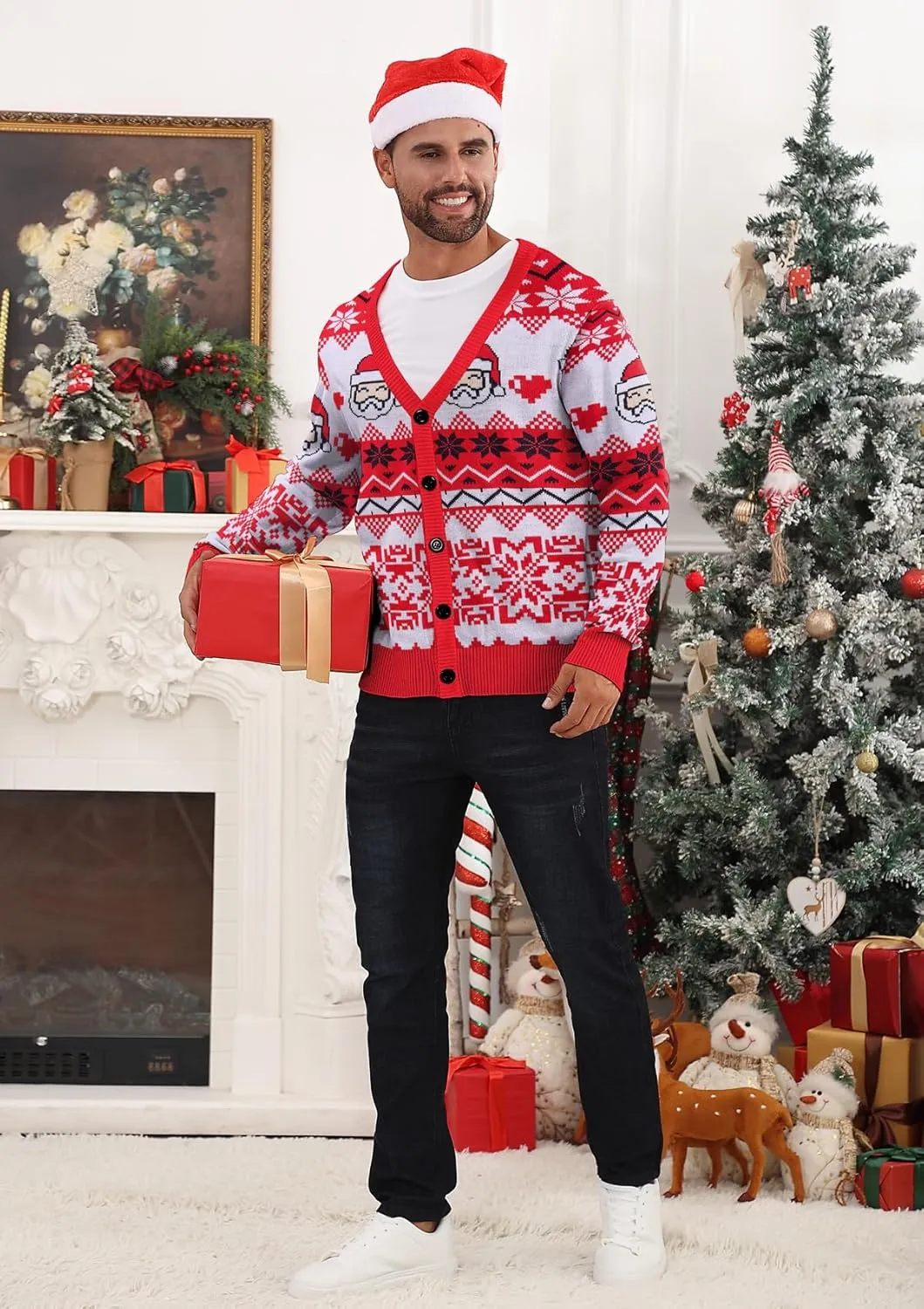 Men's Ugly Christmas Sweater Button Down Long Sleeve Knit Cardigan