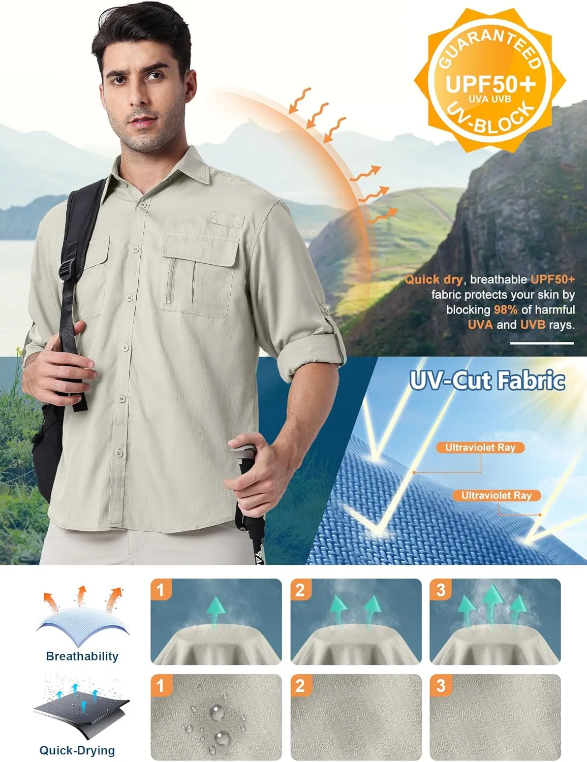Men's UPF 50  UV Long Sleeve Sun SPF Protection Button Down Quick Dry Shirts Cooling Fishing Breathable for Safari Hiking