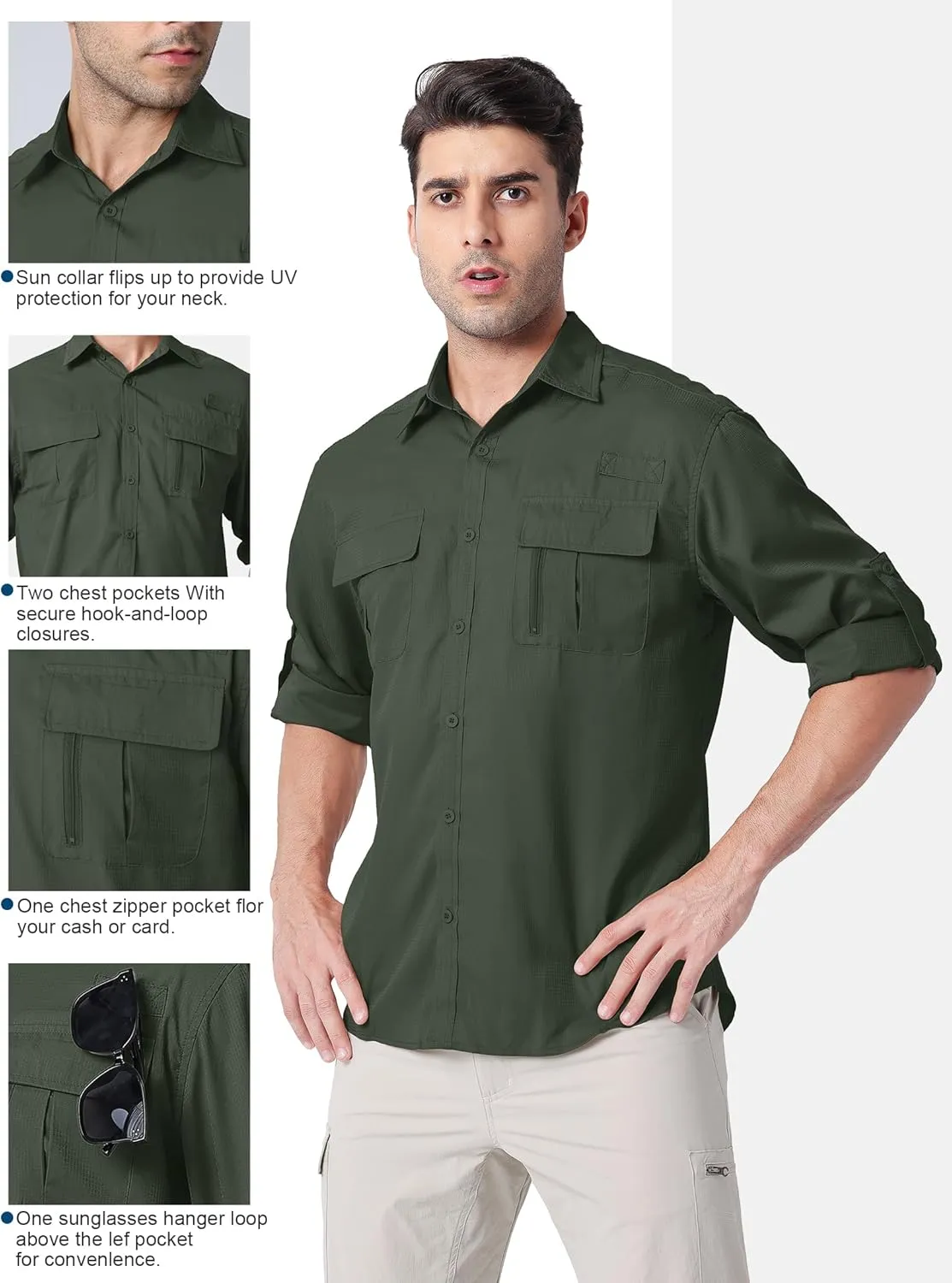Men's UPF 50  UV Long Sleeve Sun SPF Protection Button Down Quick Dry Shirts Cooling Fishing Breathable for Safari Hiking