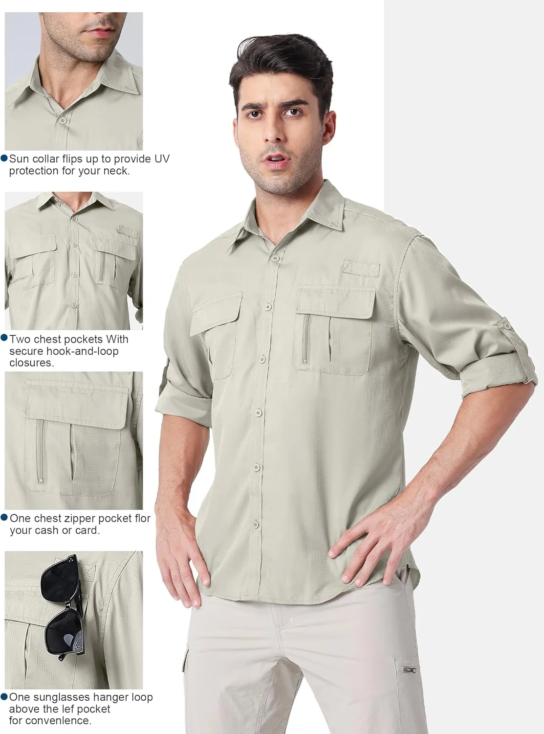 Men's UPF 50  UV Long Sleeve Sun SPF Protection Button Down Quick Dry Shirts Cooling Fishing Breathable for Safari Hiking