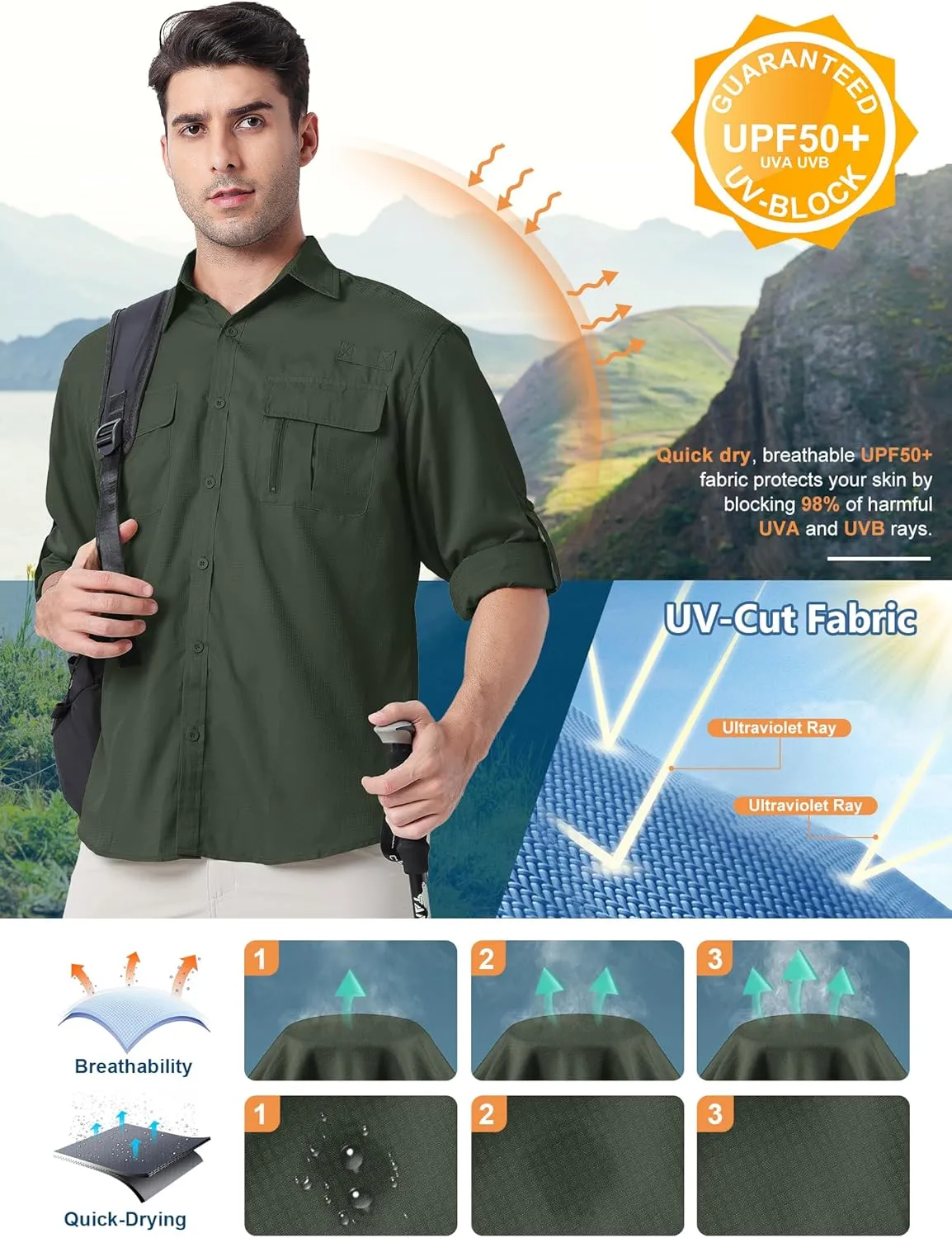 Men's UPF 50  UV Long Sleeve Sun SPF Protection Button Down Quick Dry Shirts Cooling Fishing Breathable for Safari Hiking