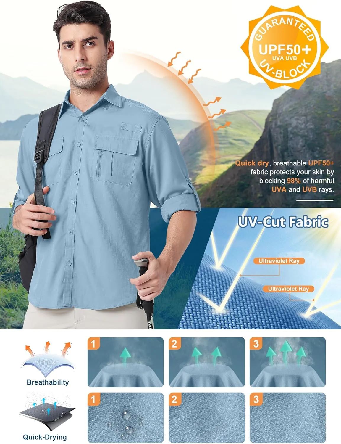Men's UPF 50  UV Long Sleeve Sun SPF Protection Button Down Quick Dry Shirts Cooling Fishing Breathable for Safari Hiking