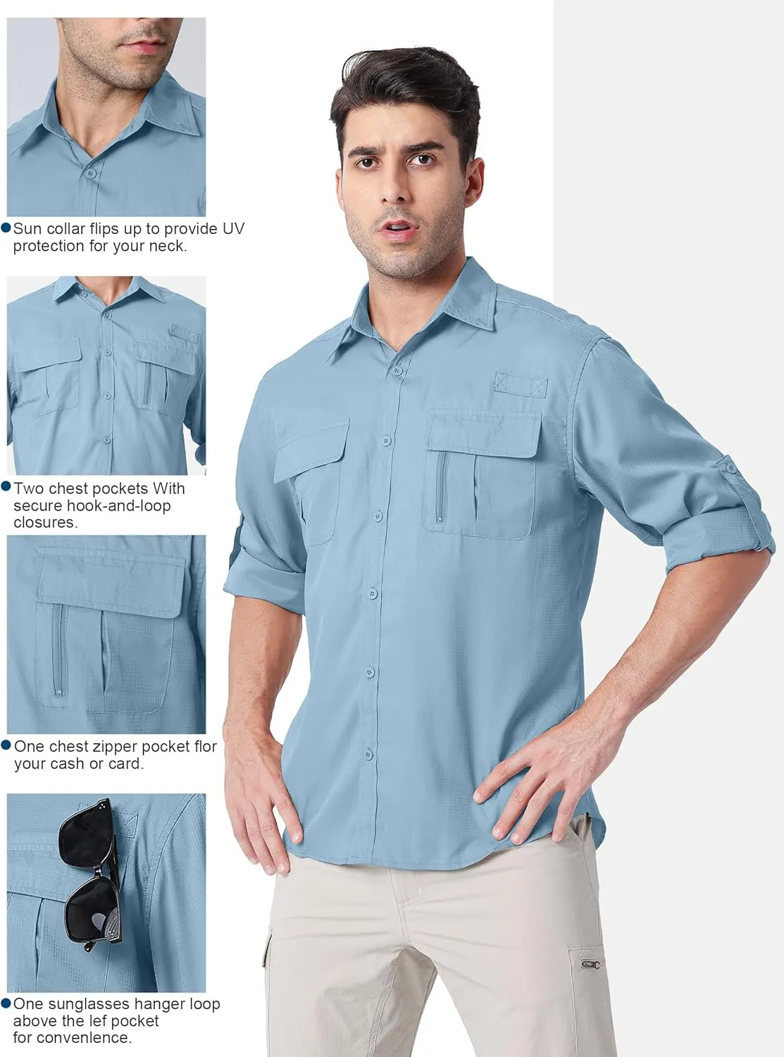 Men's UPF 50  UV Long Sleeve Sun SPF Protection Button Down Quick Dry Shirts Cooling Fishing Breathable for Safari Hiking