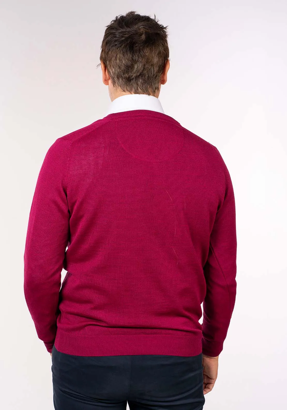 Mens V-Neck Merino Wool Jumper - Pink