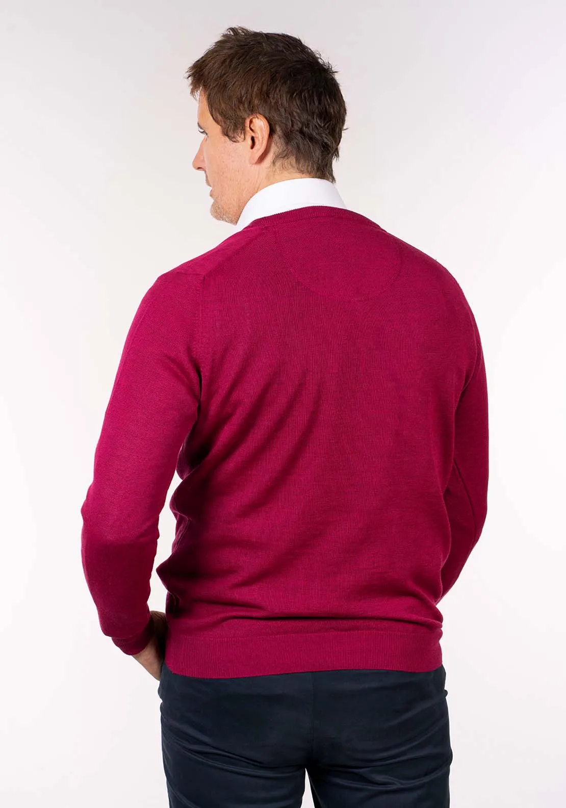 Mens V-Neck Merino Wool Jumper - Pink