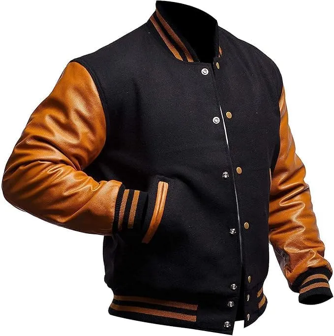 Men's Varsity Jacket Genuine Leather Sleeve Wool Blend Letterman Jacket - High School Baseball Bomber Jackets