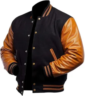 Men's Varsity Jacket Genuine Leather Sleeve Wool Blend Letterman Jacket - High School Baseball Bomber Jackets