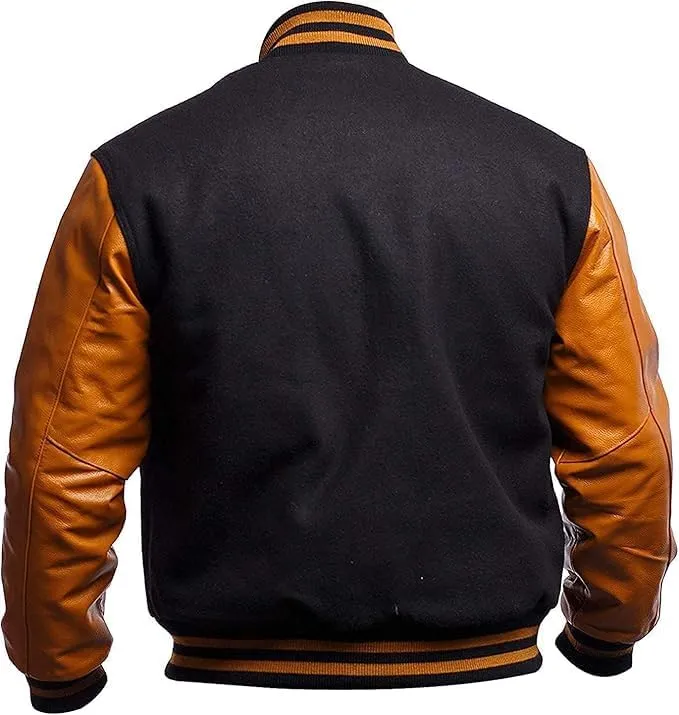 Men's Varsity Jacket Genuine Leather Sleeve Wool Blend Letterman Jacket - High School Baseball Bomber Jackets