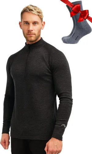 Merino Wool Base Layer Mens - Wool Half Zip Sweater Men - Merino Quarter Zip Sweater Lite, Midweight, Heavyweight and Socks