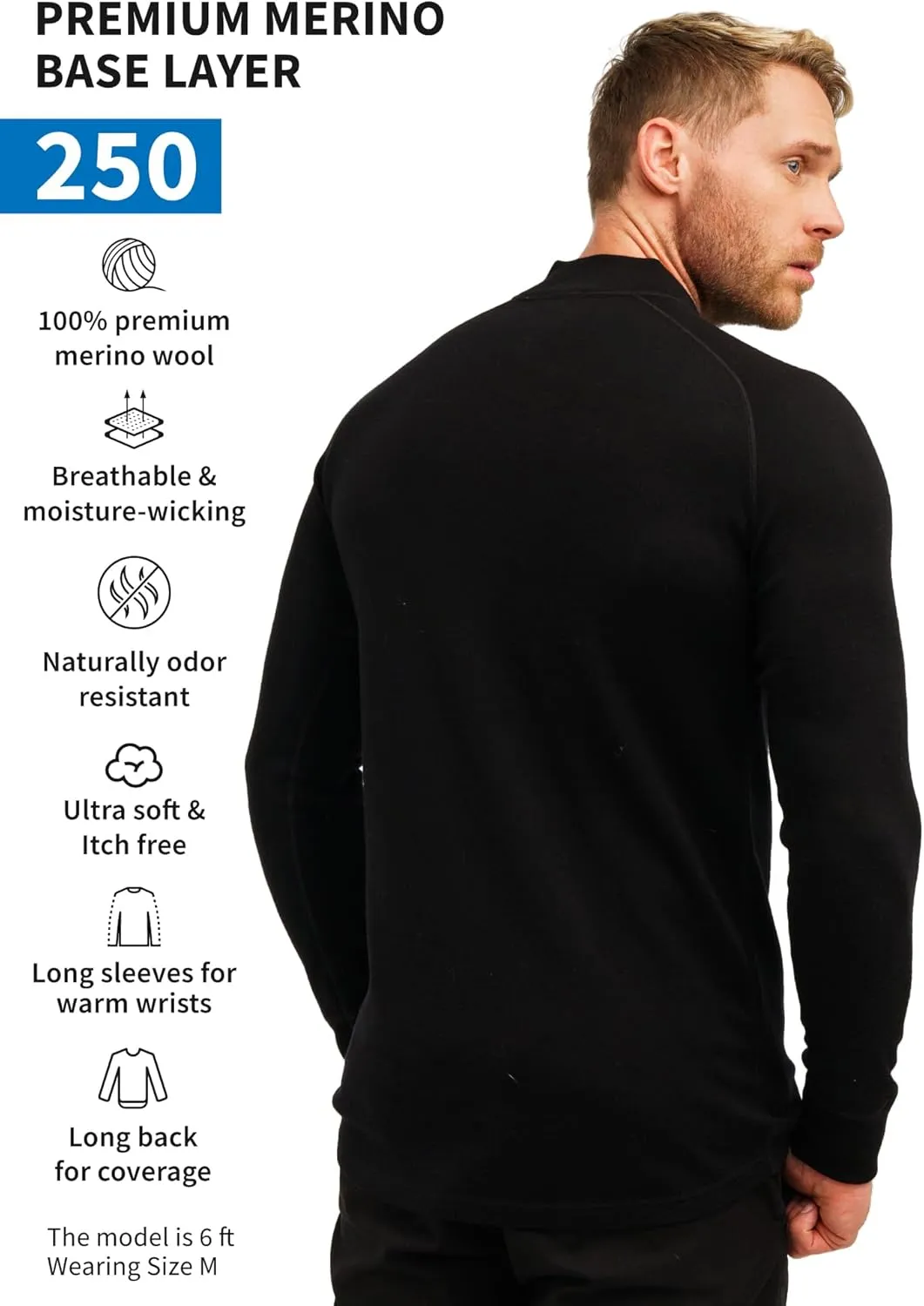 Merino Wool Base Layer Mens - Wool Half Zip Sweater Men - Merino Quarter Zip Sweater Lite, Midweight, Heavyweight and Socks