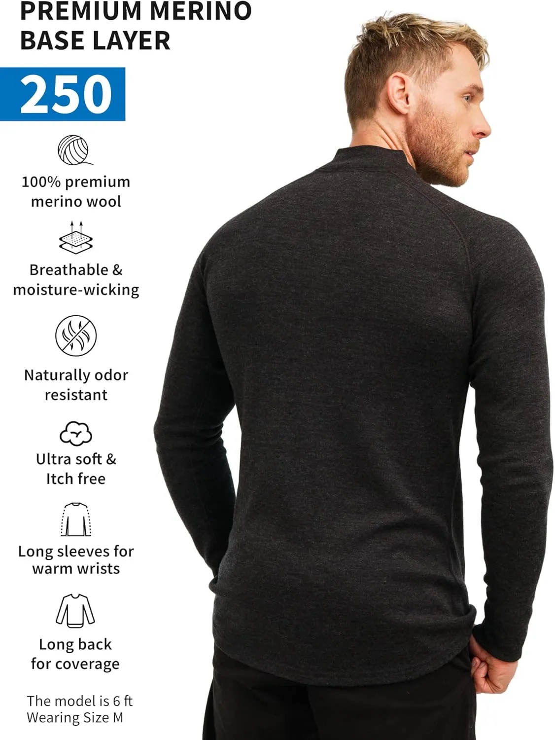 Merino Wool Base Layer Mens - Wool Half Zip Sweater Men - Merino Quarter Zip Sweater Lite, Midweight, Heavyweight and Socks