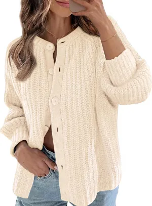 MEROKEETY Women's 2025 Long Sleeve Cardigan Sweater Crew Neck Button Ribbed Open Front Knit Outerwear