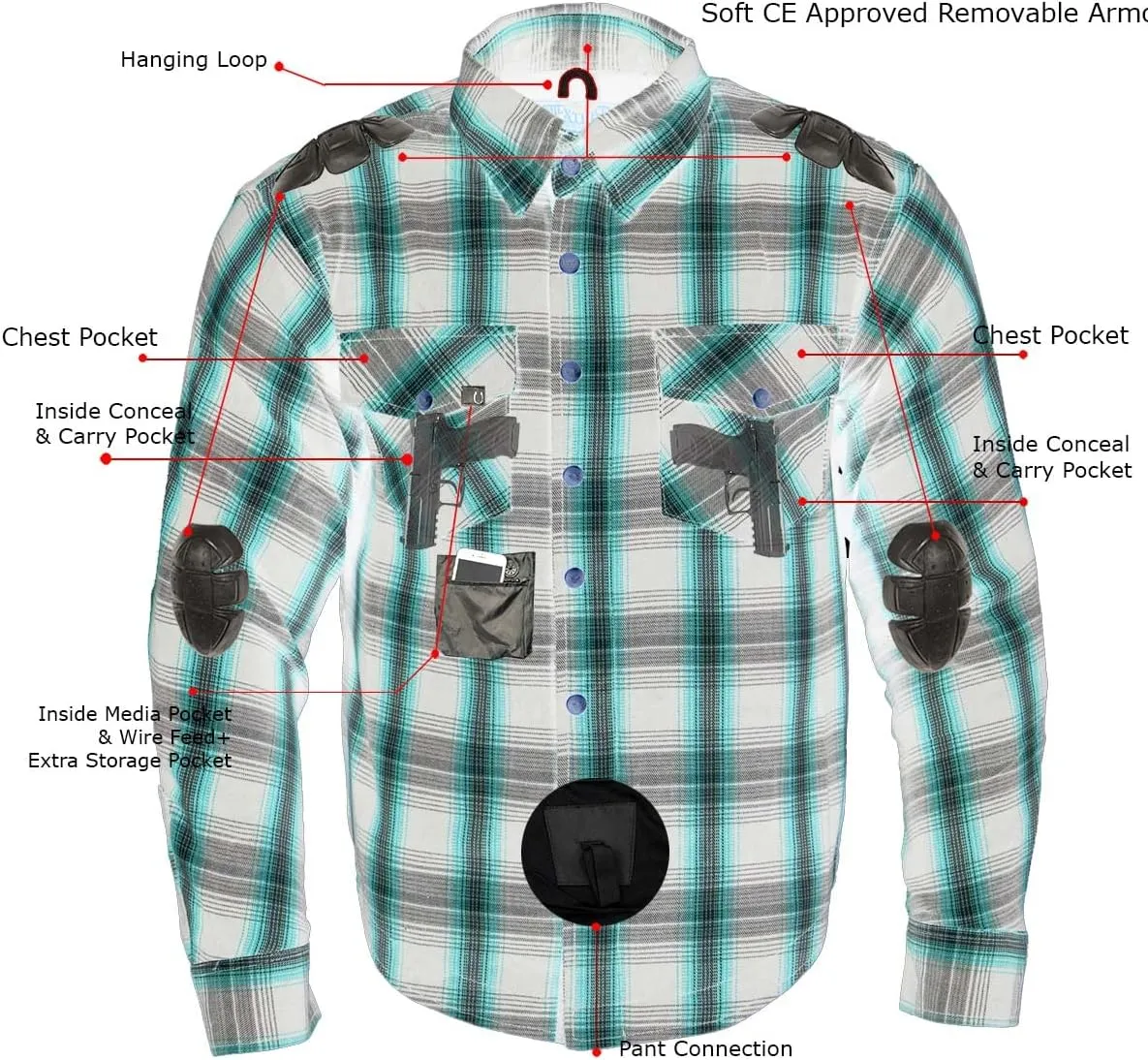 Milwaukee Leather MPM1656 Blue and Orange Flannel Biker Shirt for Men with CE Armor - Reinforced w/Aramid Fiber