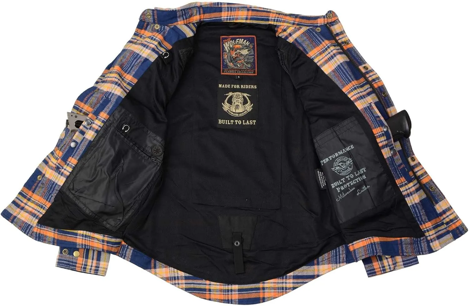 Milwaukee Leather MPM1656 Blue and Orange Flannel Biker Shirt for Men with CE Armor - Reinforced w/Aramid Fiber