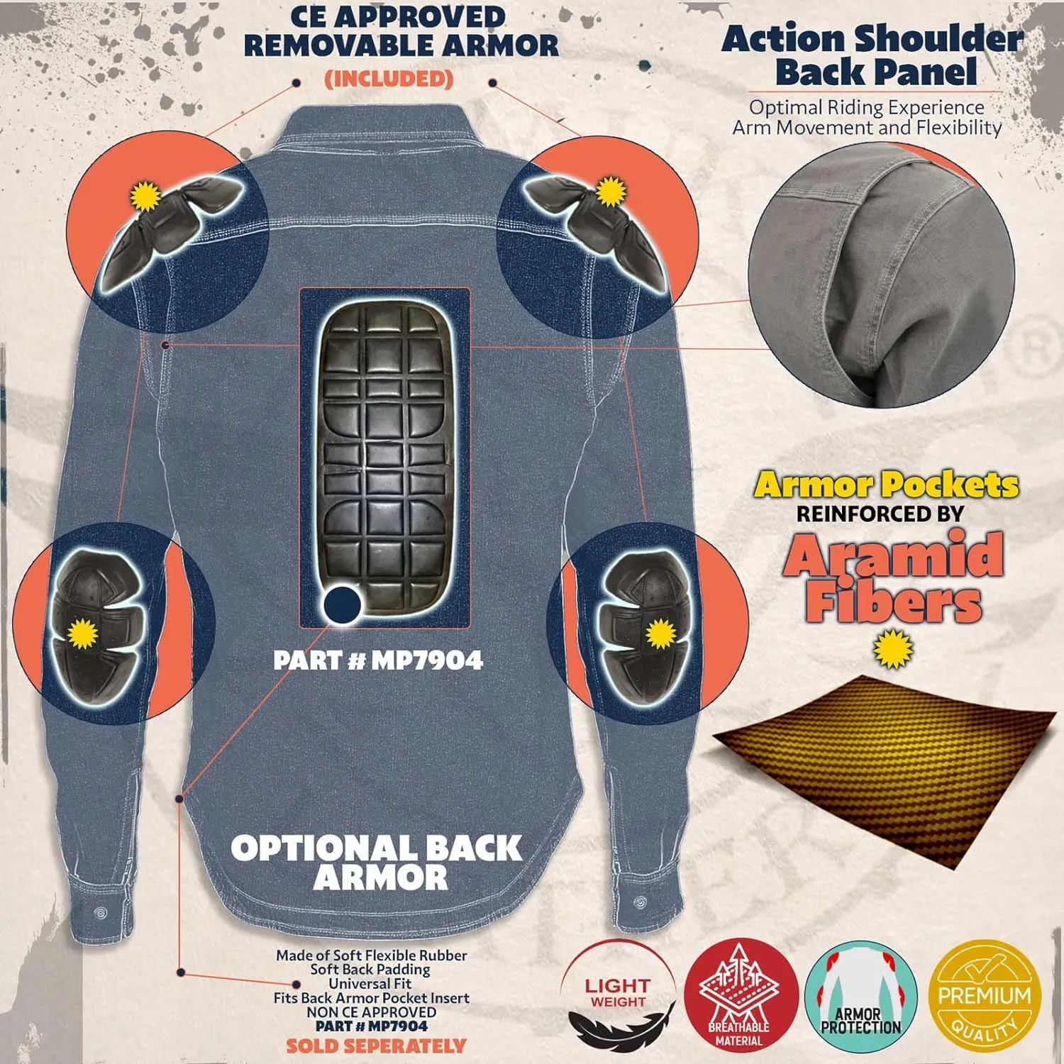 Milwaukee Leather MPM1656 Blue and Orange Flannel Biker Shirt for Men with CE Armor - Reinforced w/Aramid Fiber